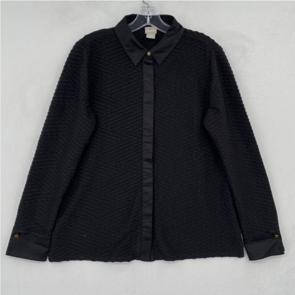 Chico's Size XL/3 Button Up Preppy Black 3D Knit Long Sleeve‎ Office Career Work